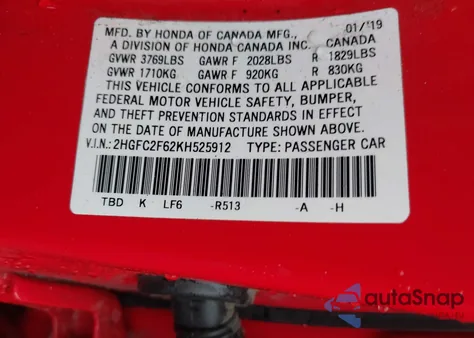 2019 Honda Civic Lx from USA, damaged, VIN 2HGFC2F62KH525912
